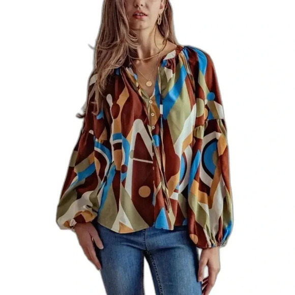 August Sky by Anthropologie Geometric Print Relaxed Fit Peasant Boho Blouse - Picture 1 of 15